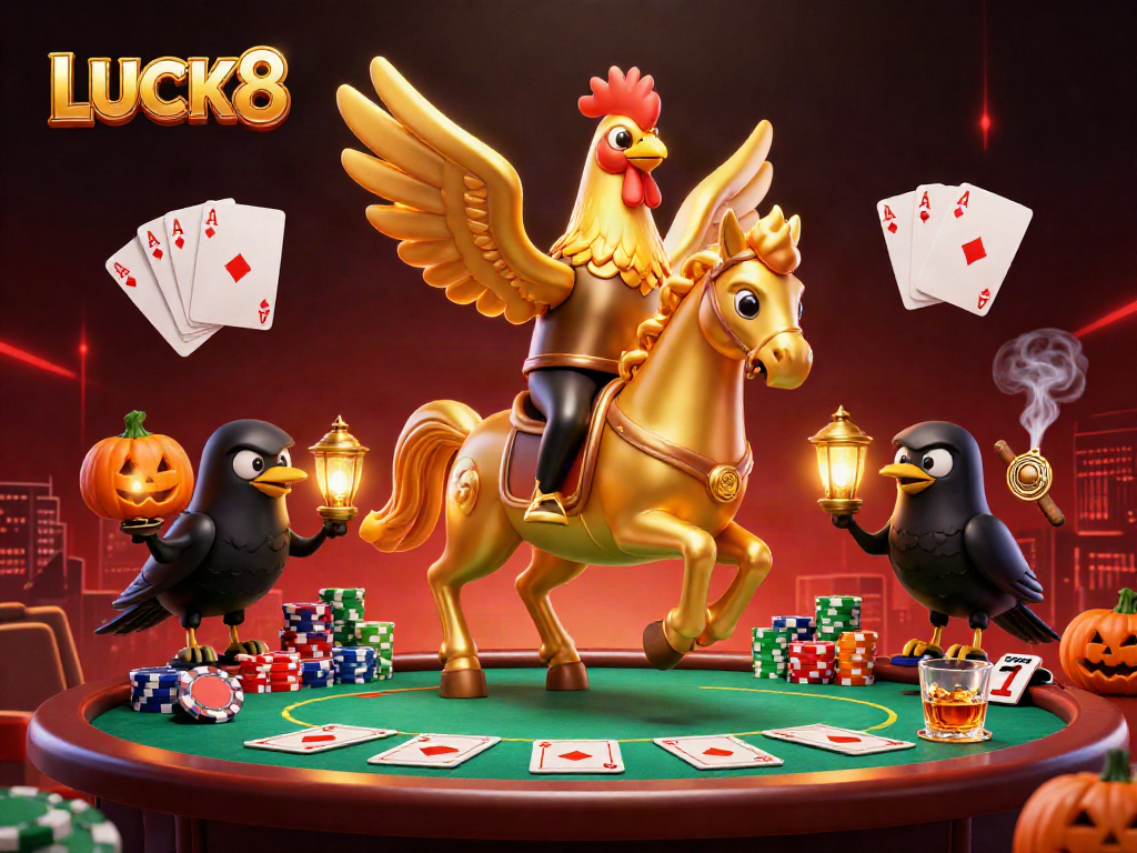 LUCK8 điều khiển các ván bài trong sòng bạc với hình ảnh gà trống vàng đặc sắc.