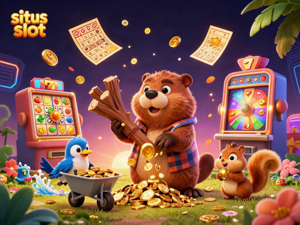 Gamer menang di situs slot yang penuh koin emas dan simbol keberuntungan lainnya.