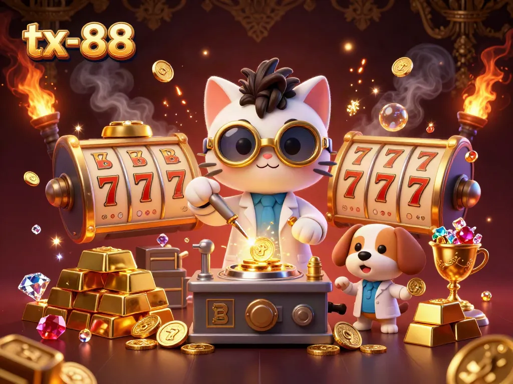 Spin to win at tx-88 with an exciting casino scene featuring a mad scientist cat and treasures!