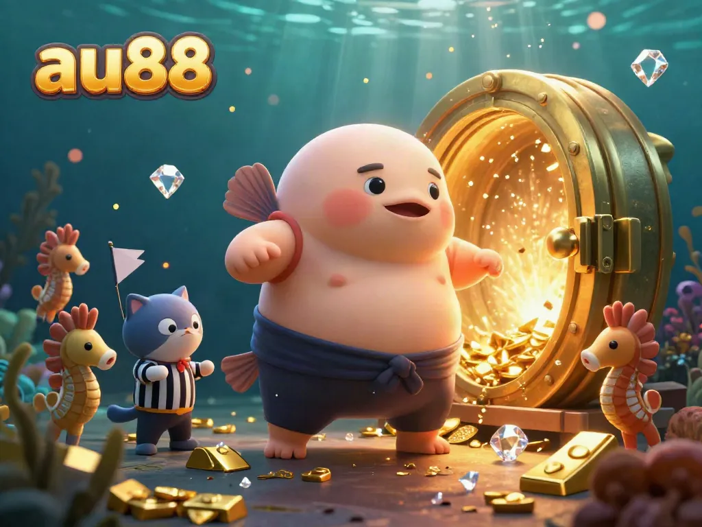 Engage with the vibrant underwater world of au88 featuring a puffed fugu and gem treasures bursting with excitement.