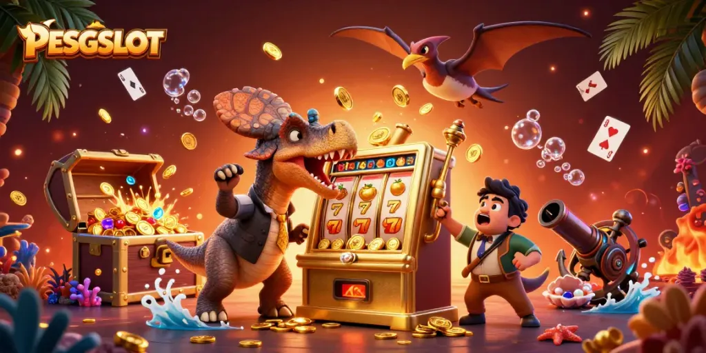 PESGSLOT menghadirkan ilustrasi menarik dengan karakter dino dan mesin slot berkanjang emas.