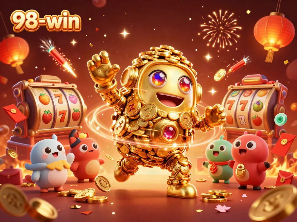 Engage with 98-win's thrilling slot adventure featuring a golden golem surrounded by spinning reels and festive symbols.
