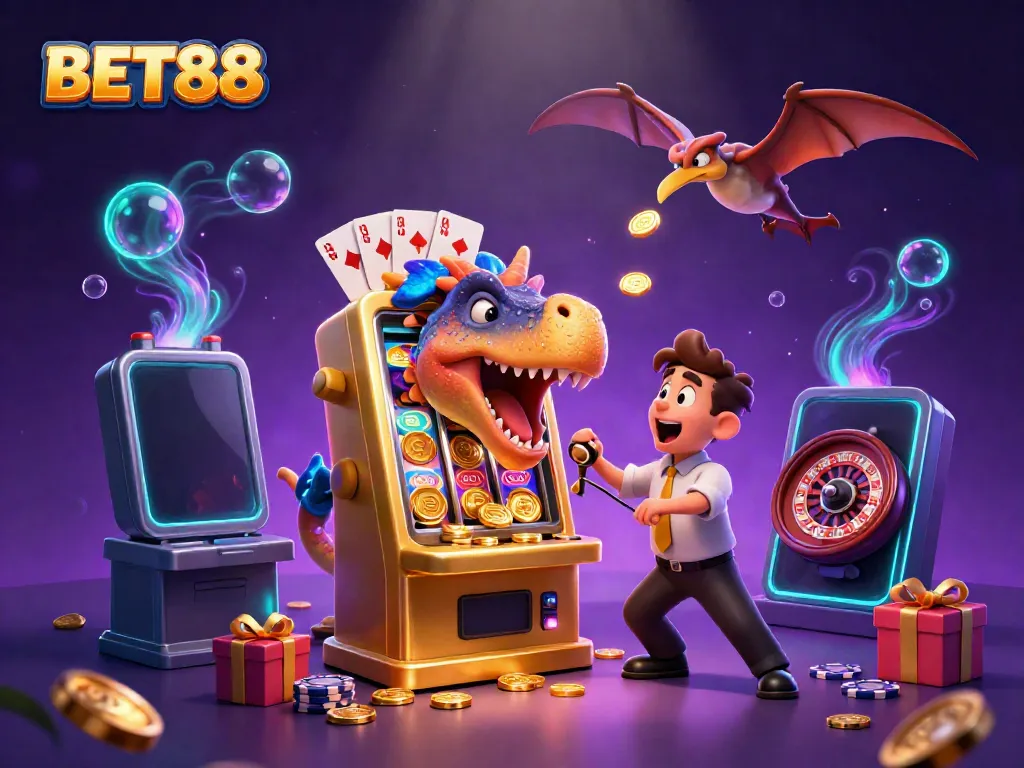 BET88 thể hiện một bức tranh động về cá cược trực tuyến với các nhân vật và máy đánh bạc vàng.