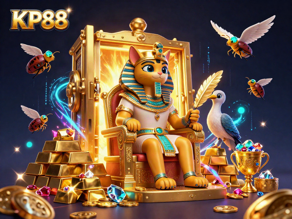 KP88 features an Egyptian pharaoh cat with treasures in a dynamic online gambling scene.