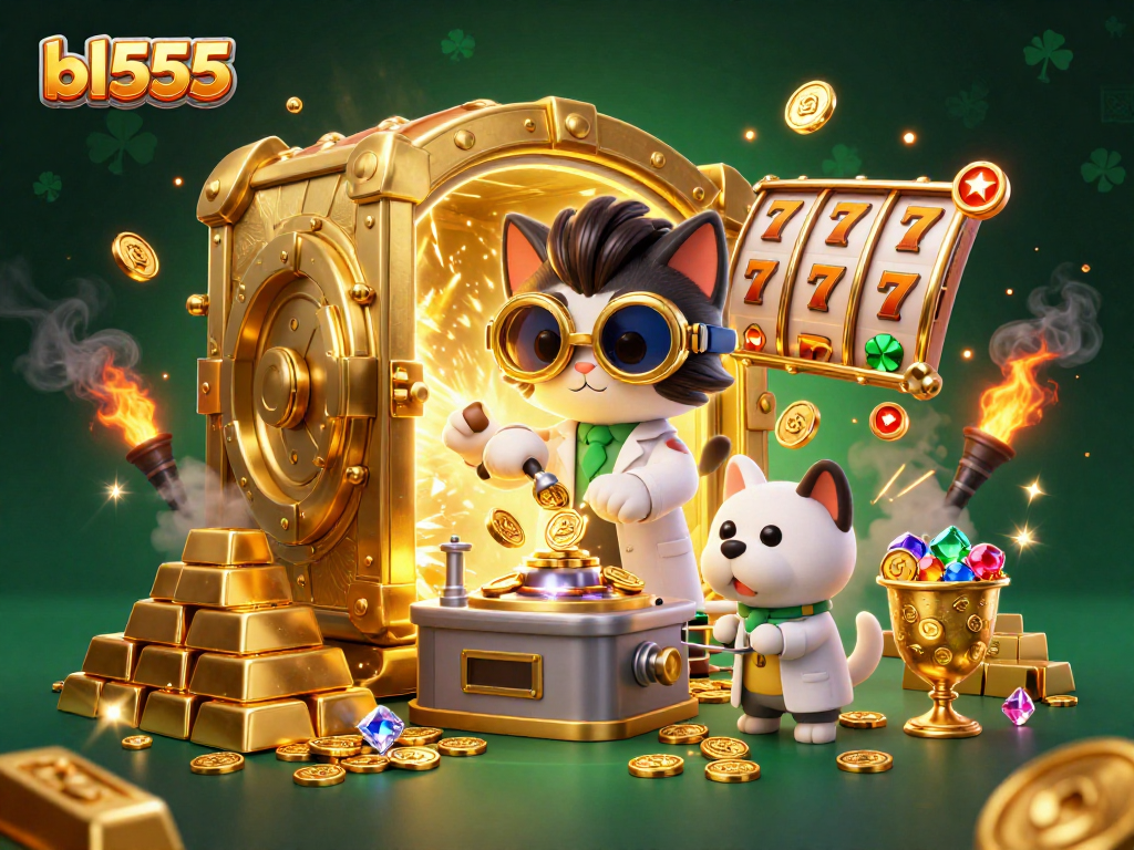 Experience thrilling gameplay at bl555 with a mad scientist cat and assistant among golden treasures.