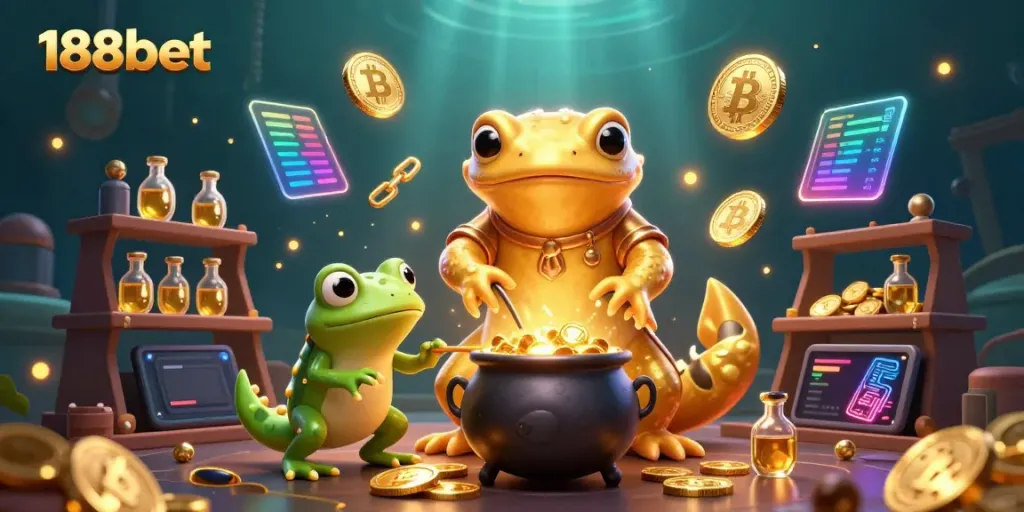 Engage in thrilling gaming experiences with 188bet, illustrated through enchanting digital art featuring alchemical gold transformations.