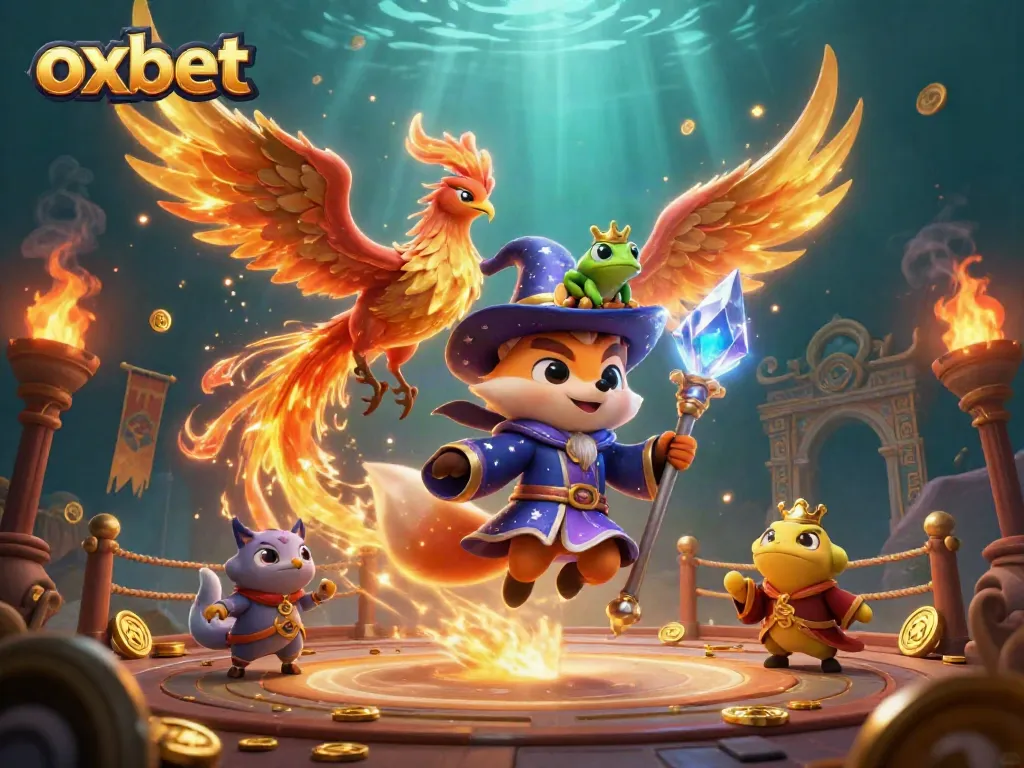 Experience thrilling gameplay with oxbet featuring a magical wizard fox and phoenix amidst dynamic casino elements.