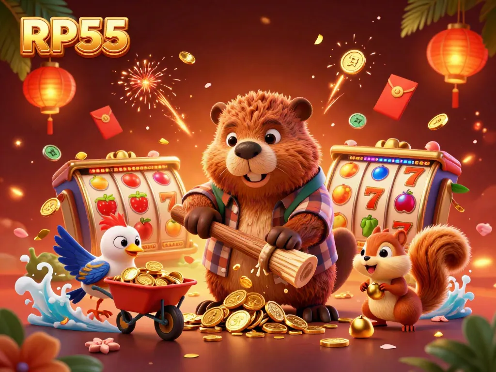 Spin the slots alongside RP55 characters in a vibrant casino atmosphere filled with gold.