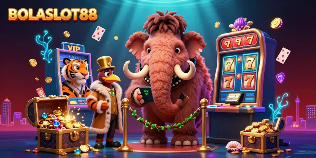 BOLASLOT88 presents an engaging casino scene with dynamic characters and vibrant gaming elements illustrating the thrill of online gambling.