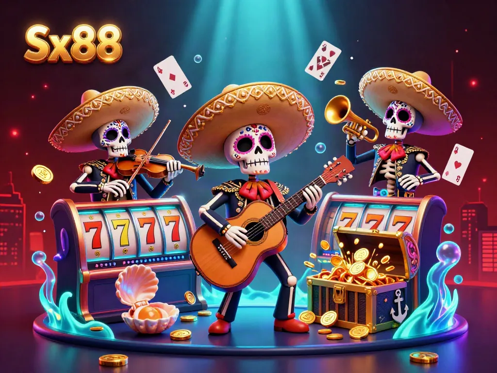 Experience vibrant Sx88 gaming with Mariachi skeletons, slot reels, and festive casino elements.