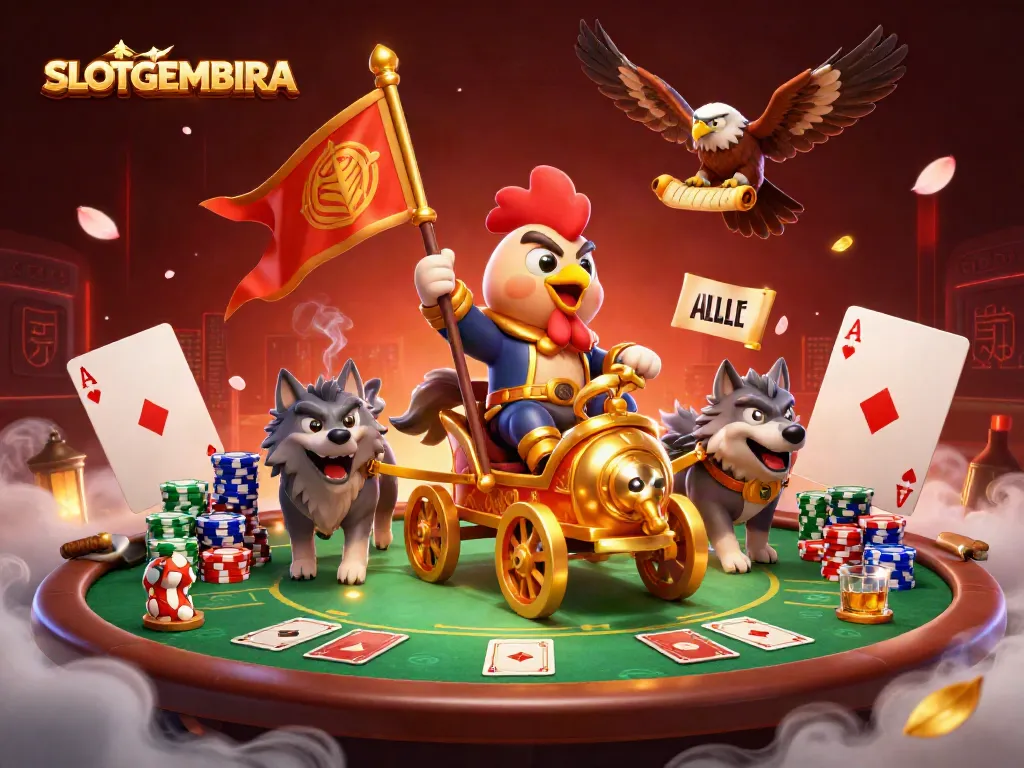 SLOTGEMBIRA showcases a vibrant 3D illustration of a rooster warlord and wolves in a dynamic casino scene.