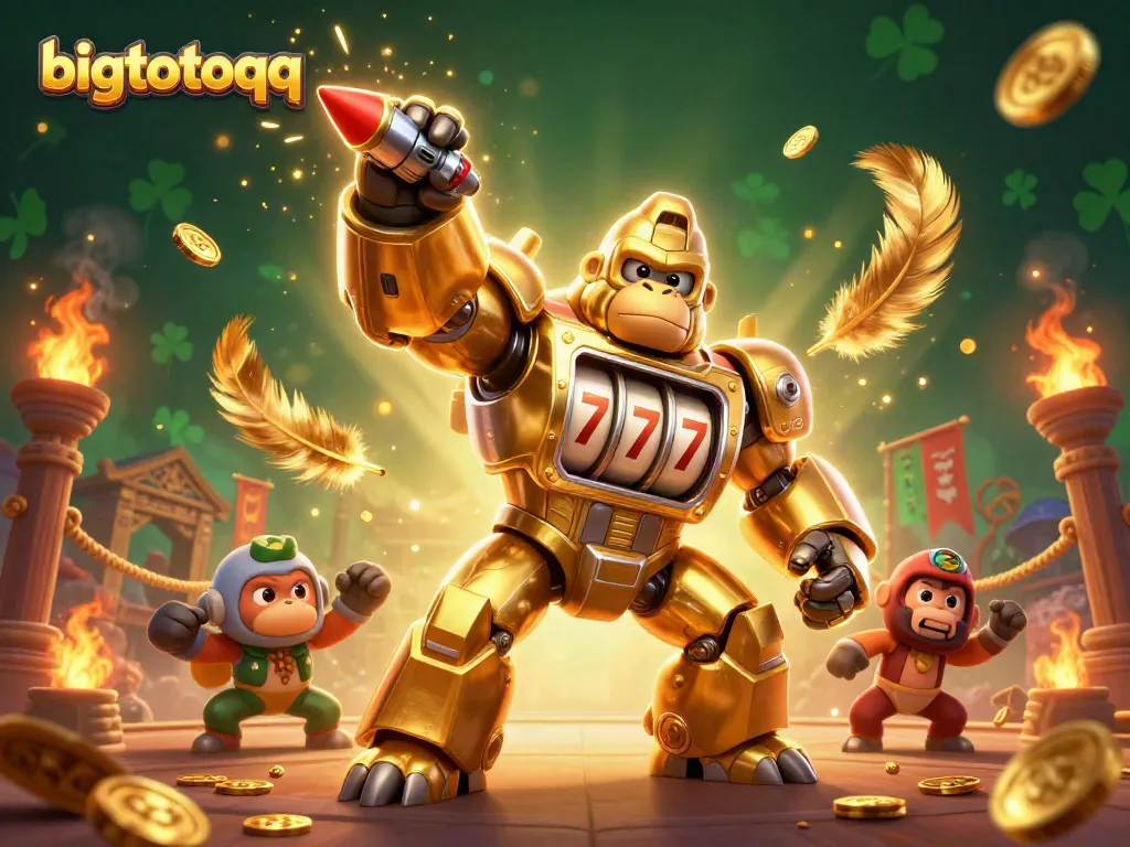 Bigtotoqq showcases a vibrant scene with a golden gorilla mech and casino elements exploding with action.