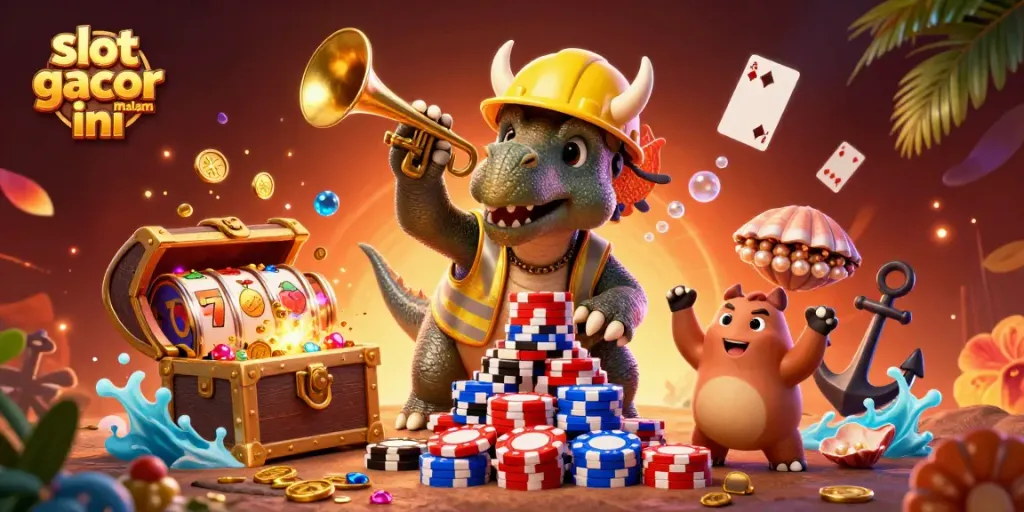 Eksplorasi kemenangan dengan slot gacor malam ini yang menggambarkan dinosaur dan elemen kasino