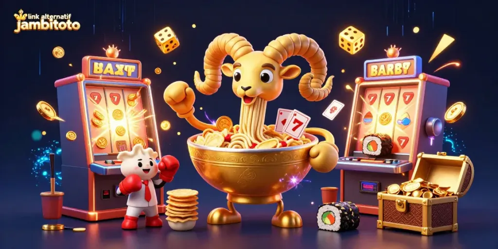 Cascade of winnings in vibrant scene at link alternatif jambitoto casino, featuring 3D ramen bowl dealer amid falling coins and dice.