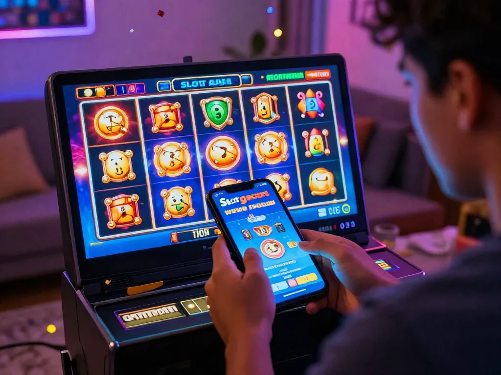 Pengguna memainkan slot gacor di perangkat mobile, suasana elektronik dan menyenangkan.