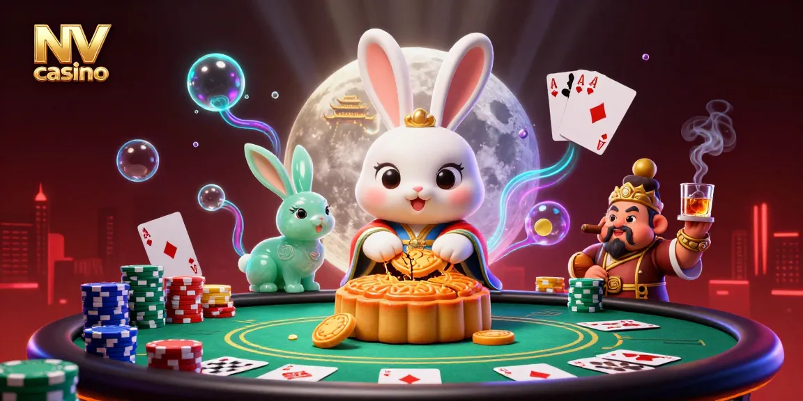 Engage in fun and gaming at NV casino with moon rabbits and poker elements in a vibrant casino scene.