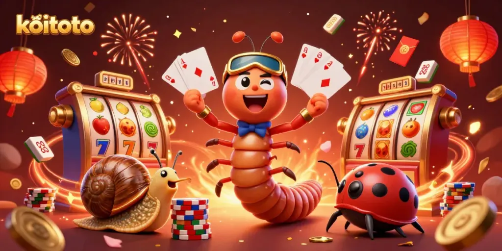 Koitoto casino scene with a millipede dealer and high-roller snail showcasing dynamic slot machines.