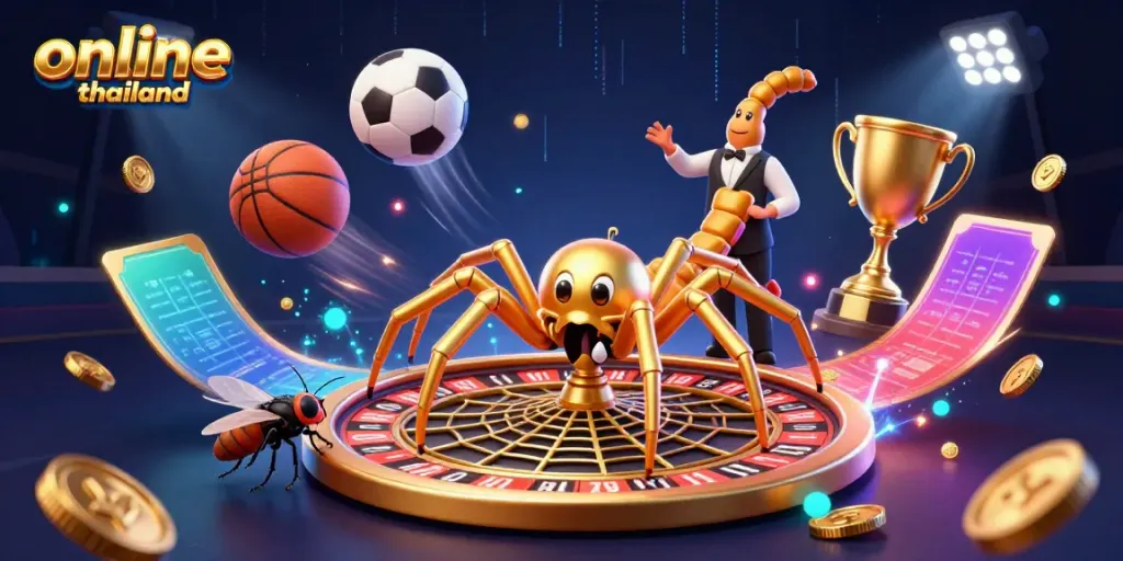 Interactive scene of online casino thailand with a golden spider and dynamic betting elements.