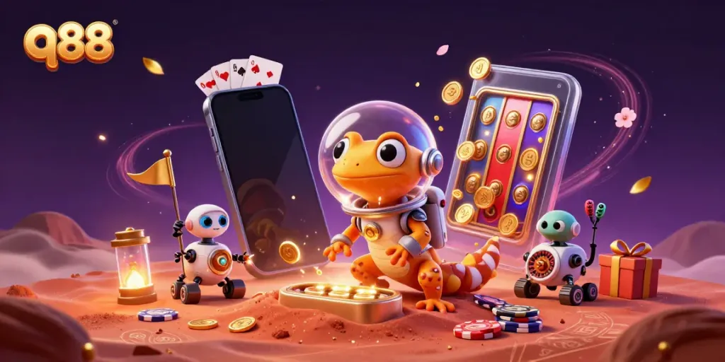 Experience the vibrant world of q88, where a Martian gecko discovers a golden casino amid red sands, surrounded by thrilling game elements.
