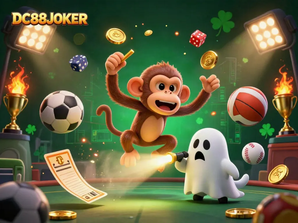 Engage with DC88JOKER's thrilling casino experience as a poltergeist monkey juggles golden items in a haunted casino.