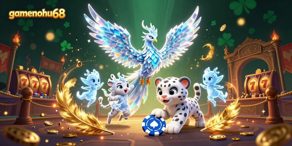 Experience gamenohu68's vibrant casino excitement with an ice phoenix and playful snow leopard.