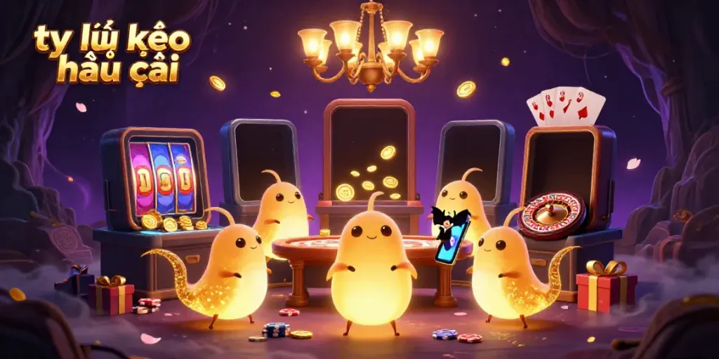 Experience the excitement of tỷ lệ kèo nhà cái in a vibrant, illuminated casino scene with glowworm characters.