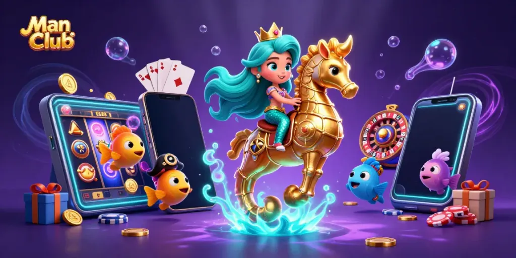 Engage with thrilling slot games at Man Club featuring vibrant 3D characters and casino elements.