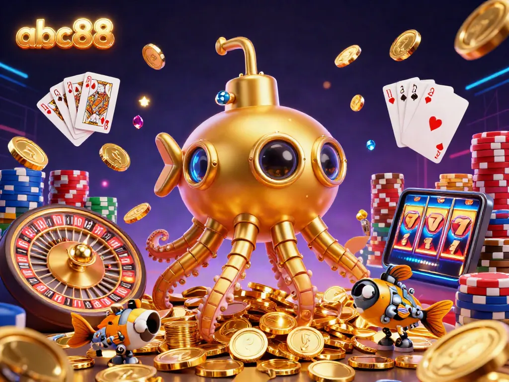 Experience the excitement of abc88 as a golden kraken submarine emerges through coins, surrounded by vibrant casino elements.