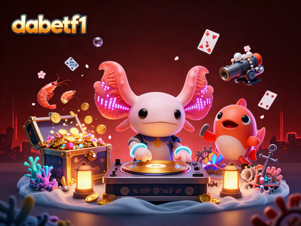 Engage with dabetf1 through vibrant underwater casino fun, featuring axolotl DJ and glowing treasures.