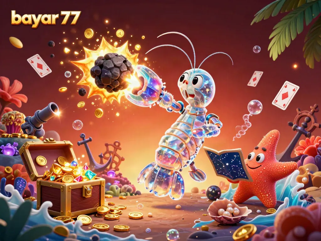 Experience the exciting gameplay of bayar77 with playful characters amid gold coins and vibrant gems.