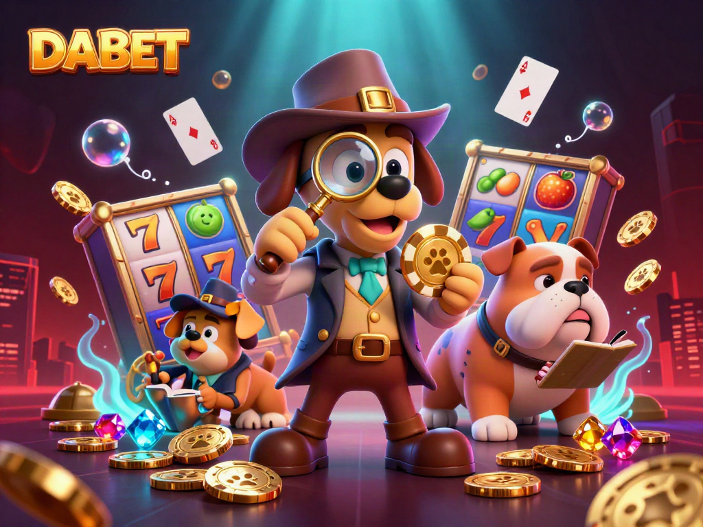 DABET reveals treasure through fun slot games with a cartoon detective and his bulldog companion.