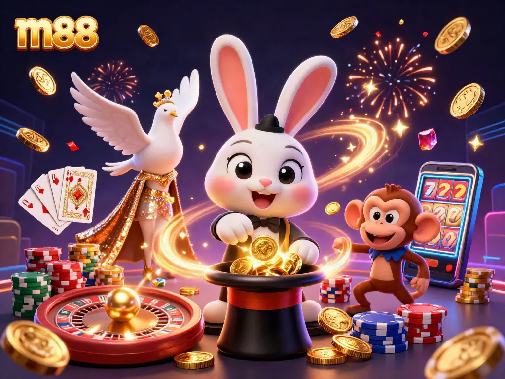 Experience thrilling wins at m88 as the magician reveals golden coins in an enchanting casino scene.