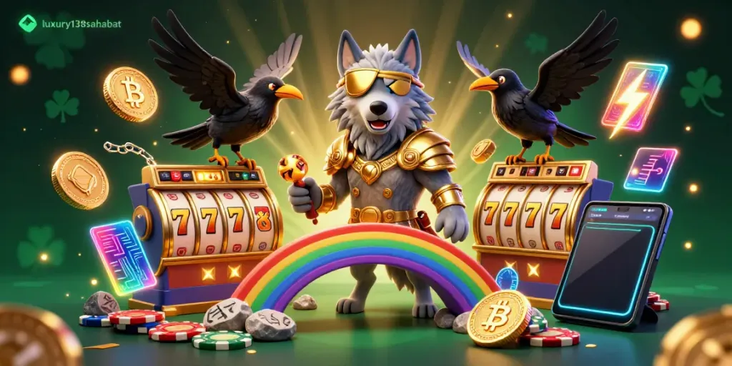 Experience thrilling slots and crypto wins with luxury138sahabat's Odin and ravens illuminated by neon gaming elements.