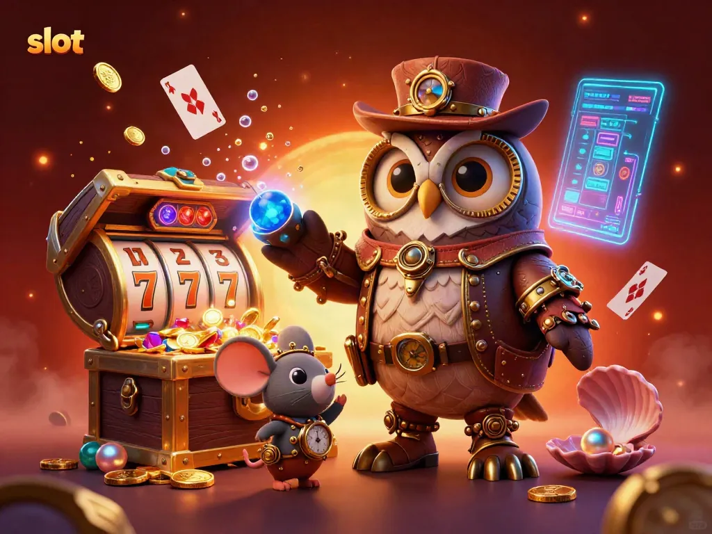 Experience the thrill of slot machines with a vibrant steampunk owl and clockwork mouse in a whimsical casino scene.