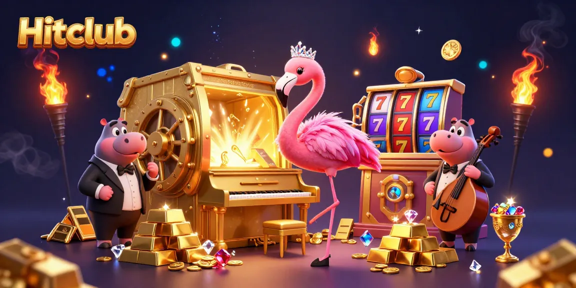 Hitclub showcases an energetic scene with a flamingo singer and hippo bassist amidst gold treasures.