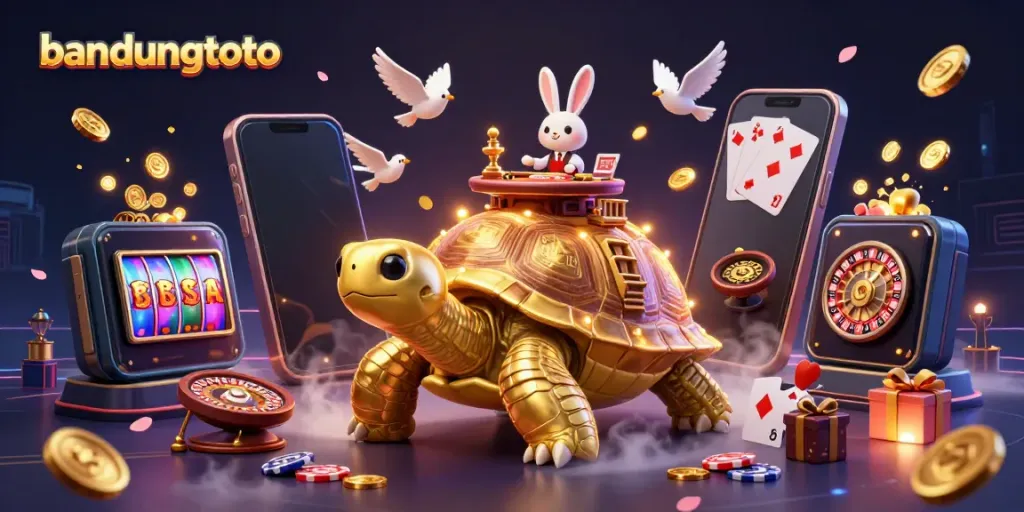 Experience thrilling gaming at bandungtoto with a fantastical casino scene featuring a golden tortoise and rabbit dealer.