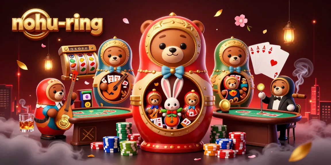 Nohub-ring showcases a vibrant illustration of a Matryoshka bear surrounded by jackpot slots and poker elements.