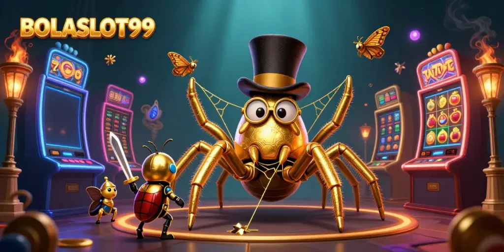 BOLASLOT99 showcases a vibrant 3D scene with characters and slot machines, bringing excitement to online gaming.