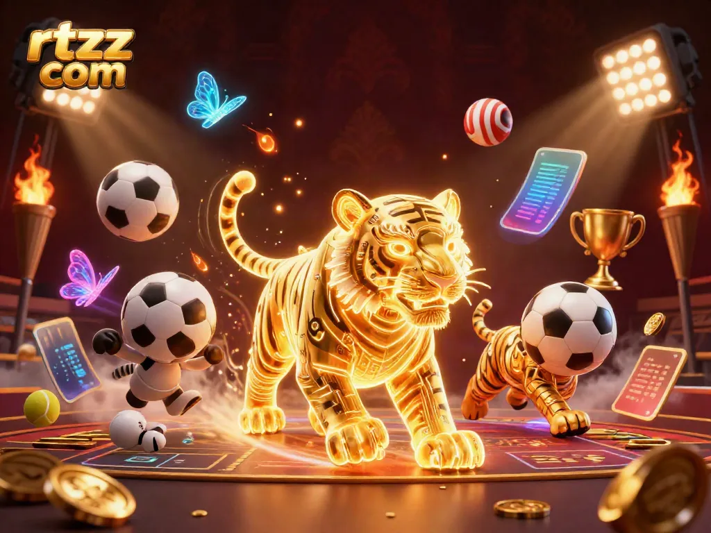 Engage with the dynamic world of rtzz com in an electrifying 3D casino scene featuring a neon tiger and sports elements.