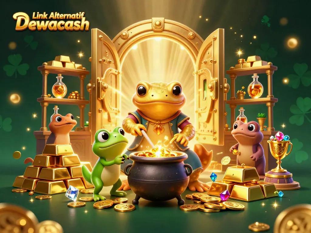 Experience the thrill of Link Alternatif Dewacash with a 3D cartoon illustration of a golden salamander alchemist.