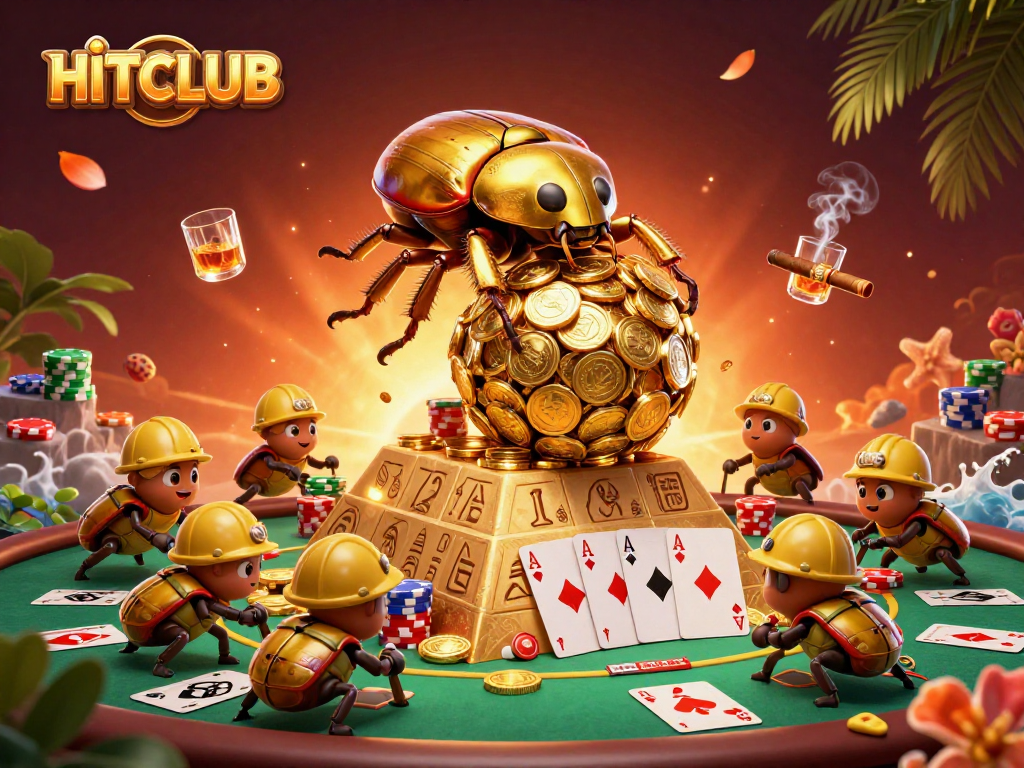 Engage with HITCLUB's vibrant casino graphics featuring a golden beetle, coins, and poker elements.