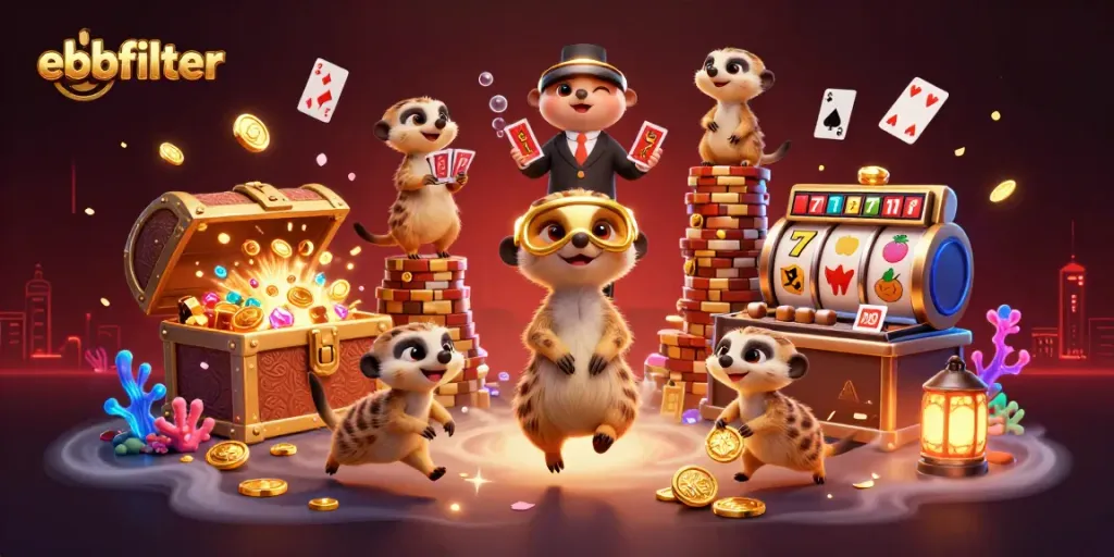Maximize your winnings with ebbfilter in this bustling, colorful casino scene featuring meerkats.