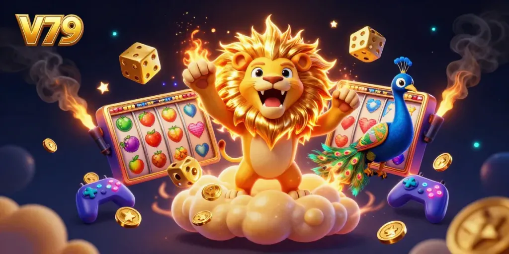 Play slots at V79 featuring colorful graphics, golden dice, a dynamic sun lion, and a joyous casino atmosphere.