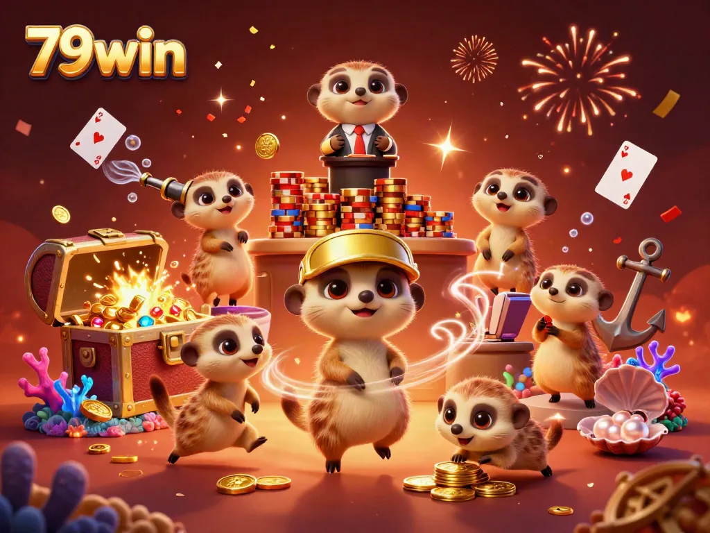 Experience thrilling casino action with 79win's meerkat characters in a colorful underwater setting bursting with treasures.