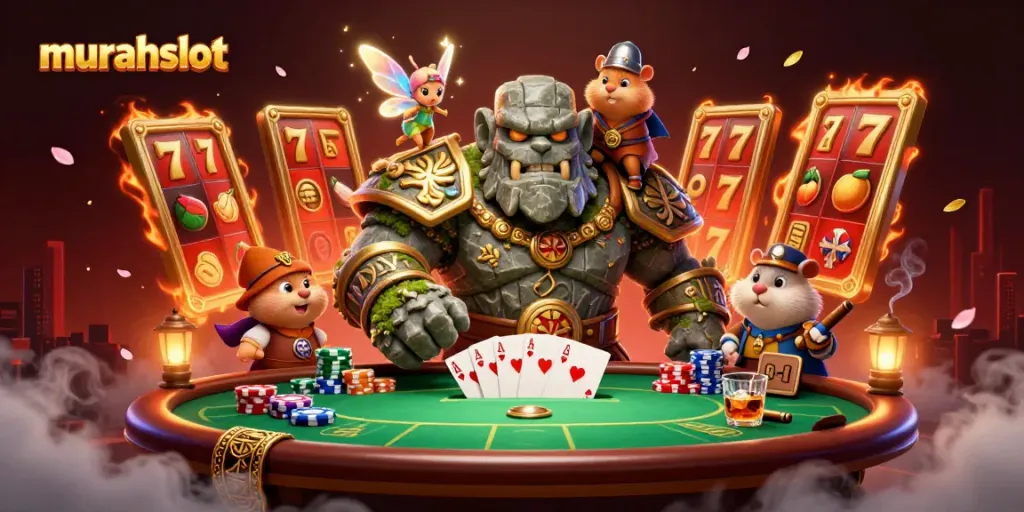 Permainan murahslot di kasino online dengan slot dan simbol keberuntungan yang berkilau.