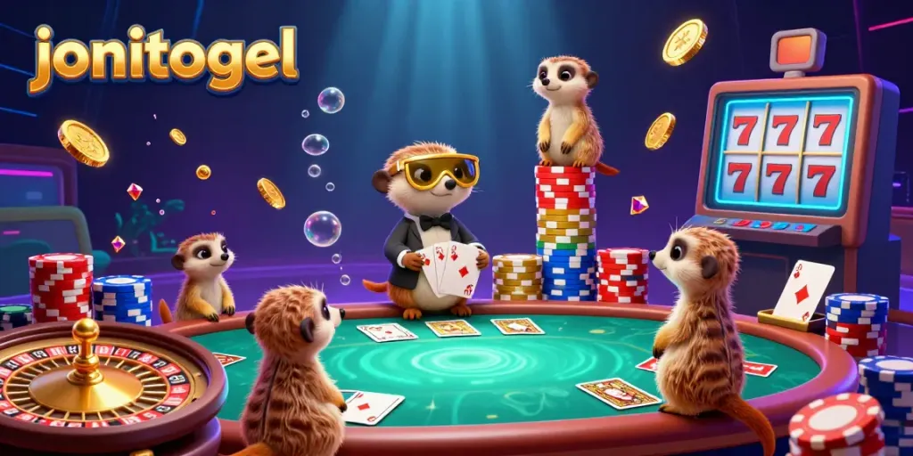 Experience the excitement of jonitogel with a dynamic meerkat casino scene featuring vibrant games and colorful chips.