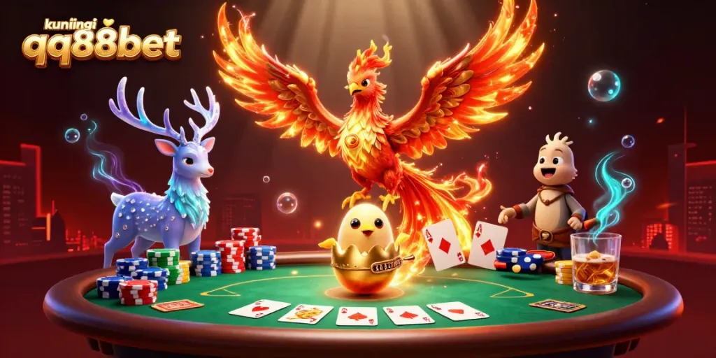Join the game with kunjungi qq88bet, where a phoenix and stag surround rich poker elements.