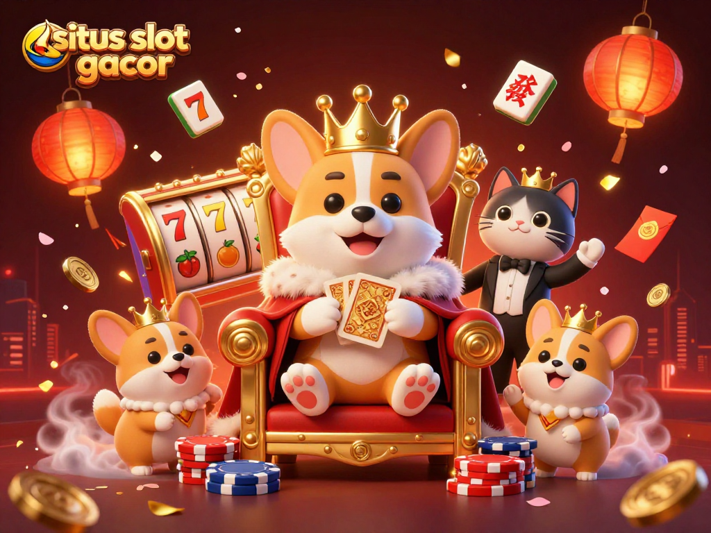 Experience situs slot gacor with this lively 3D casino illustration showcasing a royal corgi and gaming elements.