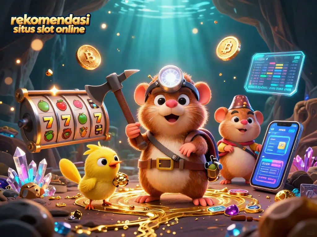 Rekomendasi situs slot online dengan karakter penambang, slot reels, dan simbol keberuntungan.