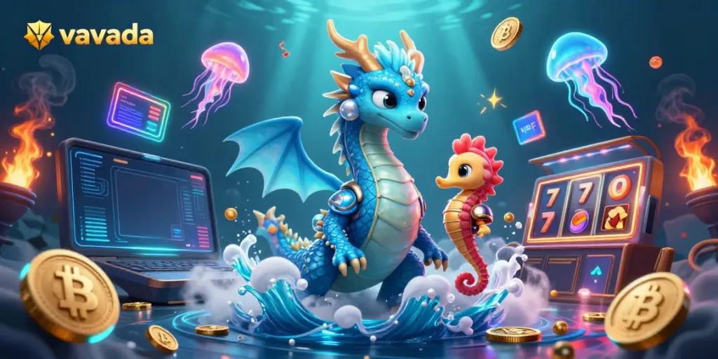 Experience the excitement of Vavada with a vibrant 3D dragon and casino elements.